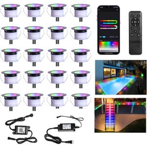 Sumaote LED Deck Lights Kit, 20 Pack 1.77" RGBW+IC Multicolor Dynamic Low Voltage Recessed Landscape Lights, IP67 Waterproof 12V Step Light Outdoor for Garden Yard Path Ground Stairs