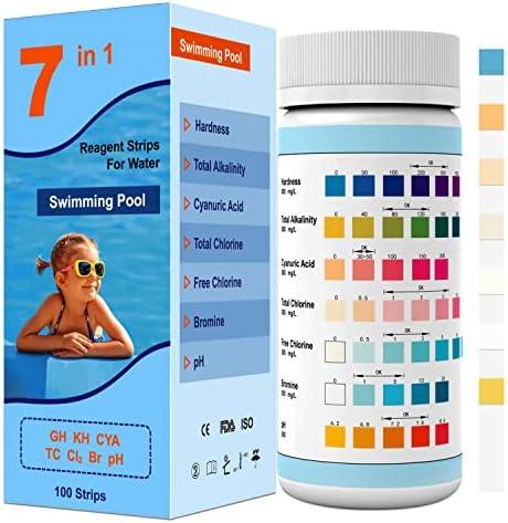 7IN1 Pool Test Strips,Accurate&Easy Water Chemical Testing Strip for Pool,Spa&Hot Tub, Quick Pool Test Kit for Hardness,Total Alkalinity,Cyanuric Acid,Total Chlorine 100 Strips (7IN1V11)