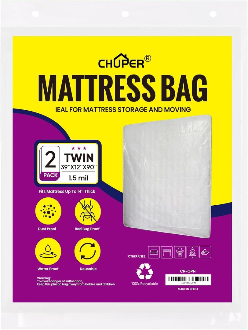 CHUPER 2 PK Twin Mattress Bags for Moving and Disposal – Waterproof Mattress Cover for Moving Twin Size Plastic Mattress Protector for Storage