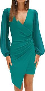 ZESICA Women's Wrap V Neck Bodycon Mini Dress Puff Long Sleeve Ruched Asymmetrical Hem Cocktail Party Short Dresses, Teal, XS