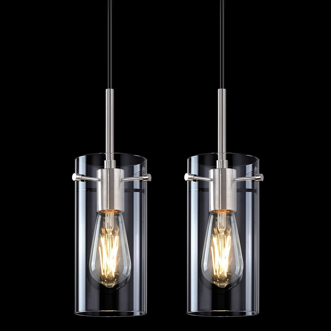 Doraimi Lighting 4.6" Clear Glass Hanging Kitchen Island Pendant Light 2 Pack Vintage Modern Brushed Nickel Finish Pendant Lamp for Dining Room Over Sink Dining Room