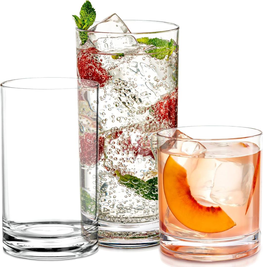 Acrylic Drinking Glasses [Set of 18] Glassware Set Includes 6-17oz Highball Glasses, 6-13oz Rocks Glasses, 6-7 oz Juice Glasses| Heavy Base Glass Cups for Water, Juice, Beer, Wine, and Cocktails
