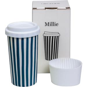 Millie 12oz Ceramic Tumbler - Stylish Travel Coffee cup with Lid, Microwave & Dishwasher Safe - Ceramic Travel Mug with Lid - Unique Gift Idea for Women & Men Who Love Coffee on the Go (Blue)