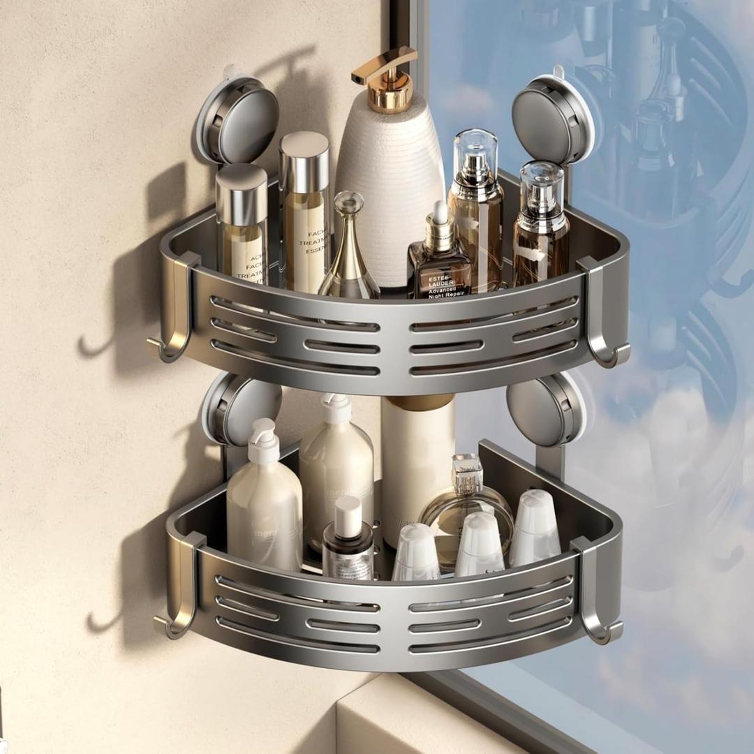 VOLPONE Shower Caddy Corner Suction Cup Shower Shelf Corner No Drilling Bathroom Shower Organizer Storage Rack Adhesive (2-Pack, gray)
