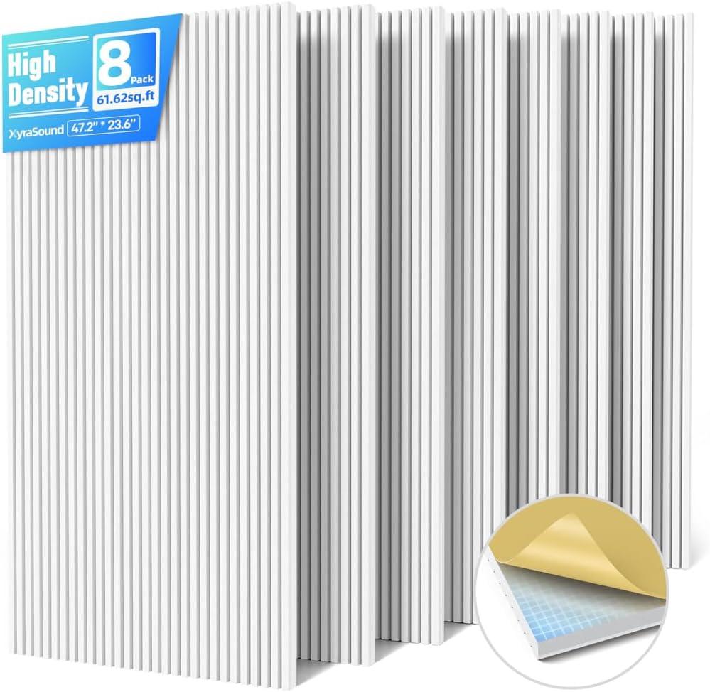 8 x 8 Pack Large Acoustic Panels Sound Absorbing with Self-Adhesive, 47.2*23.6*0.36 High Density Sound Proof Foam Panels for Walls, 3D Vertical Soundproof Wall Panels for Home Studio Office Decor-White