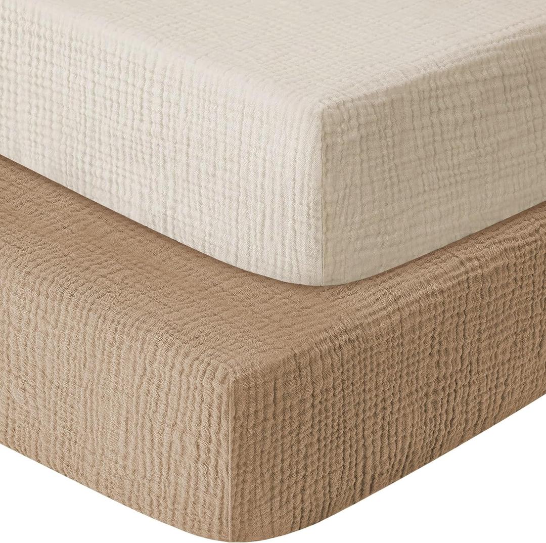 GUNTAIL Muslin Crib Sheets for Boys Girls 100% Cotton Fitted Baby Crib Sheet 2 Pack Soft and Breathable for Standard Crib Mattress & Toddler Mattress 52x28in (Beige & Coffee)