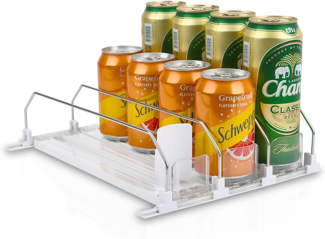 Soda Can Dispenser for Refrigerator - 3 Row Automatic Pusher Glide, Fridge Bottle Rack Drink Organizer, Self-Pushing Width Adjustable Beverage Storage Holds Up to 12 Cans (12.2inch, White)