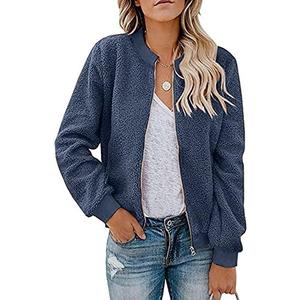 MIROL Women's Fall Fleece Bomber Jacket Trendy Sherpa Winter Coat Fuzzy Casual Long Sleeve Zip Up Loose Fit Jackets, Size M