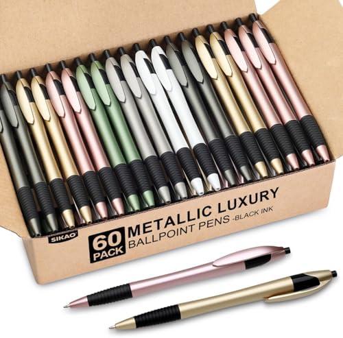 Sikao Luxe Pens Bulk, 60 Pack Metallic Gripped Slimster Ballpoint Pens, Black Ink 1.0mm Medium Point, Aesthetic Metallic Finish Office Pens for Teachers, Students, Front Desk & Corporate Gifting