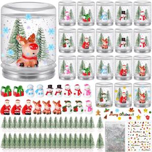 18 Pack Christmas Plastic Snow Globes Kit Includes 18 Clear Snow Globe, 36 Mini Xmas Trees, 18 Christmas fillable Ornaments, 1 Xmas Sticker with Glitter for DIY Crafts Home Winter Decor