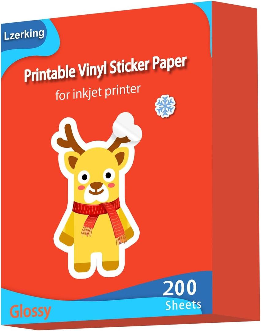Lzerking 200 Sheets Glossy Printable Vinyl Sticker Paper 8.5"x11", Vibrant Color Quick-Drying Waterproof White Decals for Inkjet/Laser Printers & Cricut for Small Businesses, DIY Enthusiasts