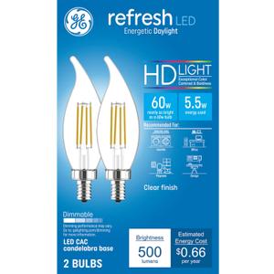 GE Refresh HD LED Light Bulbs, 60 Watt, Daylight, Decorative Bulbs, Clear, Small Base (2 Pack) (2 Count (Pack of 1))