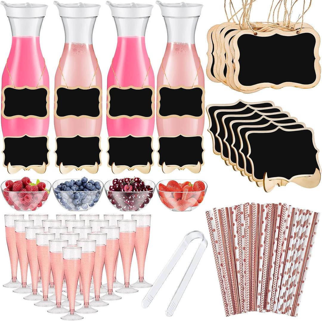 Mumufy 82 Pcs Mimosa Bar Supplies 34 oz Plastic Water Carafe with Lids Plastic Champagne Flutes Pitchers for Drinks with Serving Bowls Serving Tongs Chalkboard Stickers Straws(Groovy,Mixed Colors)