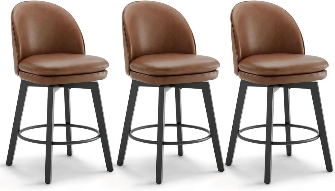 Counter Height Barstools 26 inch Upholstered Swivel Bar Stools with Back and Wood Legs for Kitchen Island, Set of 3,Brown PU Leather-Armless