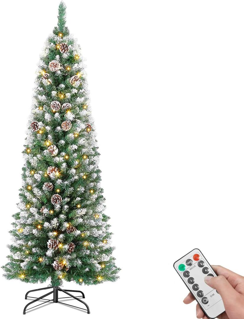 5ft Pre-lit Artificial Christmas Tree, Frosted Pencil Slim Christmas Tree Decoration with 160 Warm White Lights, 8 Lighting Modes, 400 Frosted Tips, 25 Pine Cones, Metal Stand (4ft 11in, Mc02)