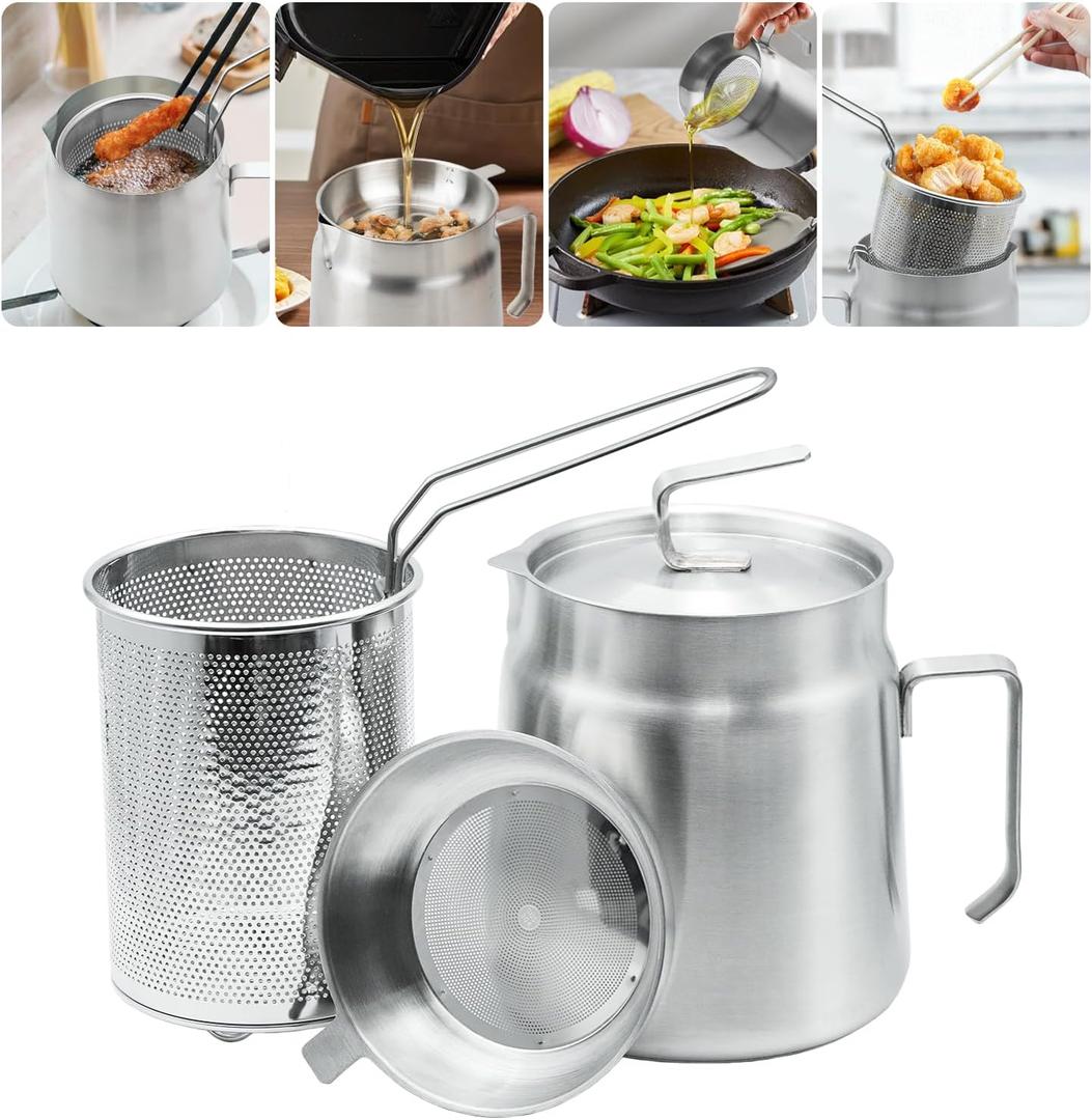 68oz Stainless Steel Oil Filter Pot with Deep Fryer Basket, Stovetop Fryer