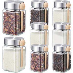 Yaomiao 12 Pcs Jars with Metal Lids and Wood Spoons 9.5 oz Spice Jars Airtight Small Food Storage Containers with Screw Top Lids for Kitchen Bathroom Seasonings Candy Cookie Tea Home Decor