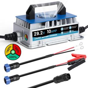 24V 10A Lithium Battery Charger, IP67 Waterproof & 0V Wake Up 29.2V LiFePO4 Battery Charger with 2 Connection Types, 7 Protections for 25.6V RV, Boat, Car, Solar, Electric Yacht LiFePO4 Battery