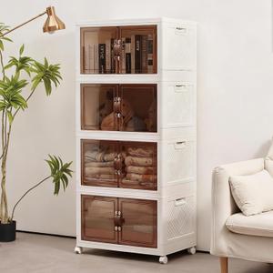 4 Pack Large Collapsible Storage Bins With Lids & Wheels, 21 Gal Plastic Folding Storage Box, Stackable Storage Bins with Doors for for Home Office