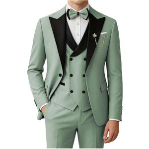 Men's Tuxedo Suit 3 Piece Slim Fit Suits with Bow Tie | Tuxedo jacket with black lapel,double breasted vest and pants,perfect for weddings, parties and business events