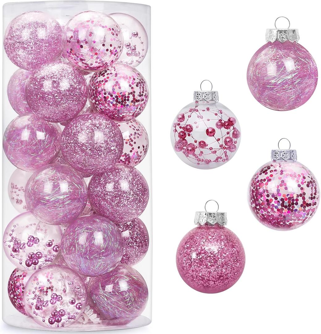 AMS 24ct Clear Christmas Ball Ornaments, 2.76''/70mm Shatterproof Hanging Xmas Balls Baubles Set for Christmas Tree with Stuffed Delicate Decorations for Wedding Christmas (Pink)