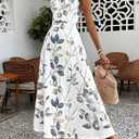 Women's Elegant Sleeveless V Neck Floral Print Long Maxi Dresses High Waist Cocktail Party Evening Tank Flowy Dress (White, L)