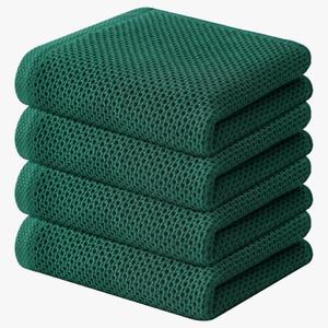 Kitinjoy 100% Cotton Waffle Weave Kitchen Towels, 4-Pack Super Soft and Absorbent Dish Towels for Drying Dishes, Kitchen Hand Towels, 13 in x 28 in, Dark Green