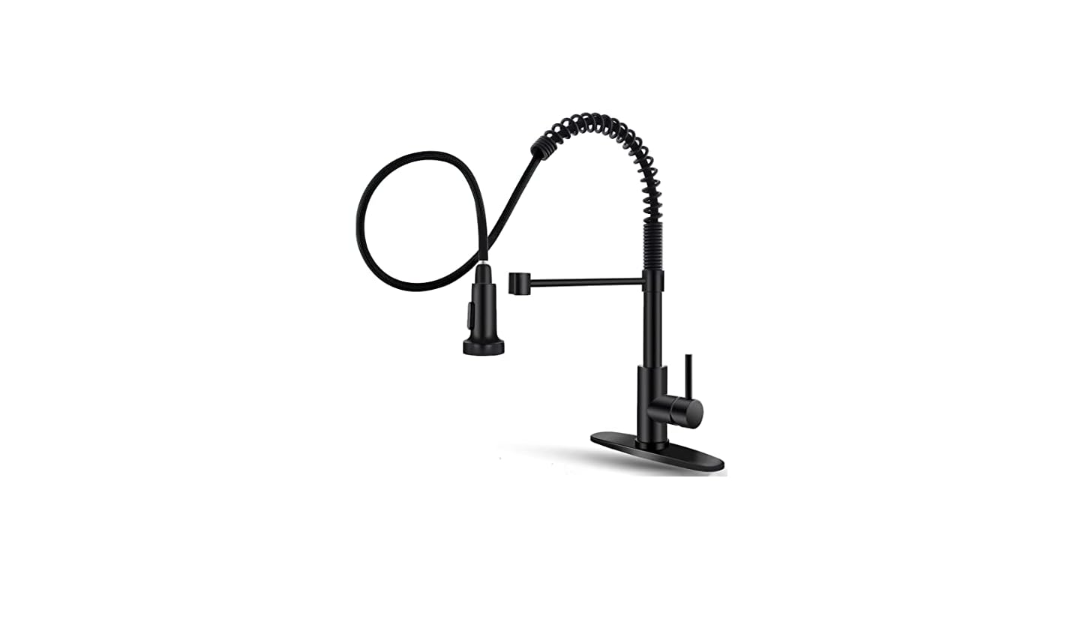OWOFAN Lead-Free Commercial Solid Brass Single Handle Single Lever Pull Out Pull Down Sprayer Spring Kitchen Sink Faucet, Paint Black Kitchen Faucets 9009R-A