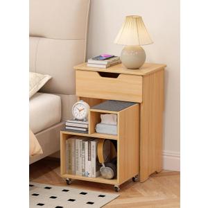 Night Stand with Drawer Modern Small Nightstand with Rolling Open Storage Shelf with Lockable Wheels Accent Side Table Sofa Couch Mid Century Bedside Tables for Bedroom Living Room Dorm Small Spaces