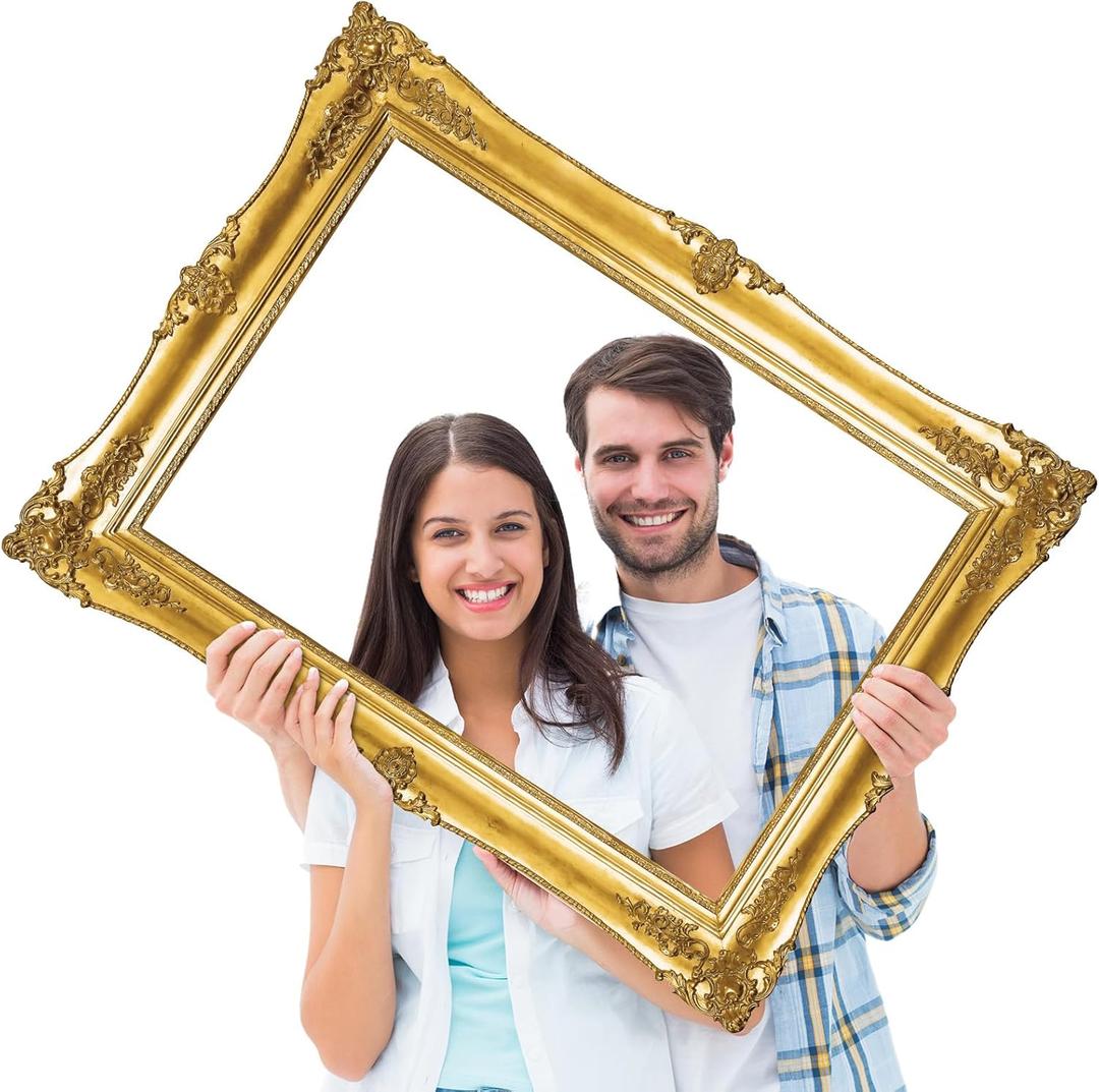 Large Photo Booth Props 32 x 24 Inch Gold Picture Selfie Frame Vintage Photo Frame Creative Friends Party Photo Props Corrugated Plastic Accessories for Wedding Bachelorette Birthday Supplies Decor