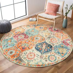 Lahome Moroccan Trellis Round Area Rugs, Washable Small Round Rug 3ft Non-Slip, Soft Vintage Ultra-Thin Circle Carpet for Bedroom Entryway Kitchen Laundry Bathroom Elise, Cream/Multi (Burnt Orange/Teal Multi)