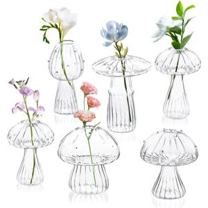 Mushroom Vase, Sunoyar Set of 6 Unique Mushroom Propagation Vases for Plants, Cute Small Indoor Hydroponic Plants Propagation Stations for Bedroom Drawing Room Office Cafe Window Sill (Clear 6pc)