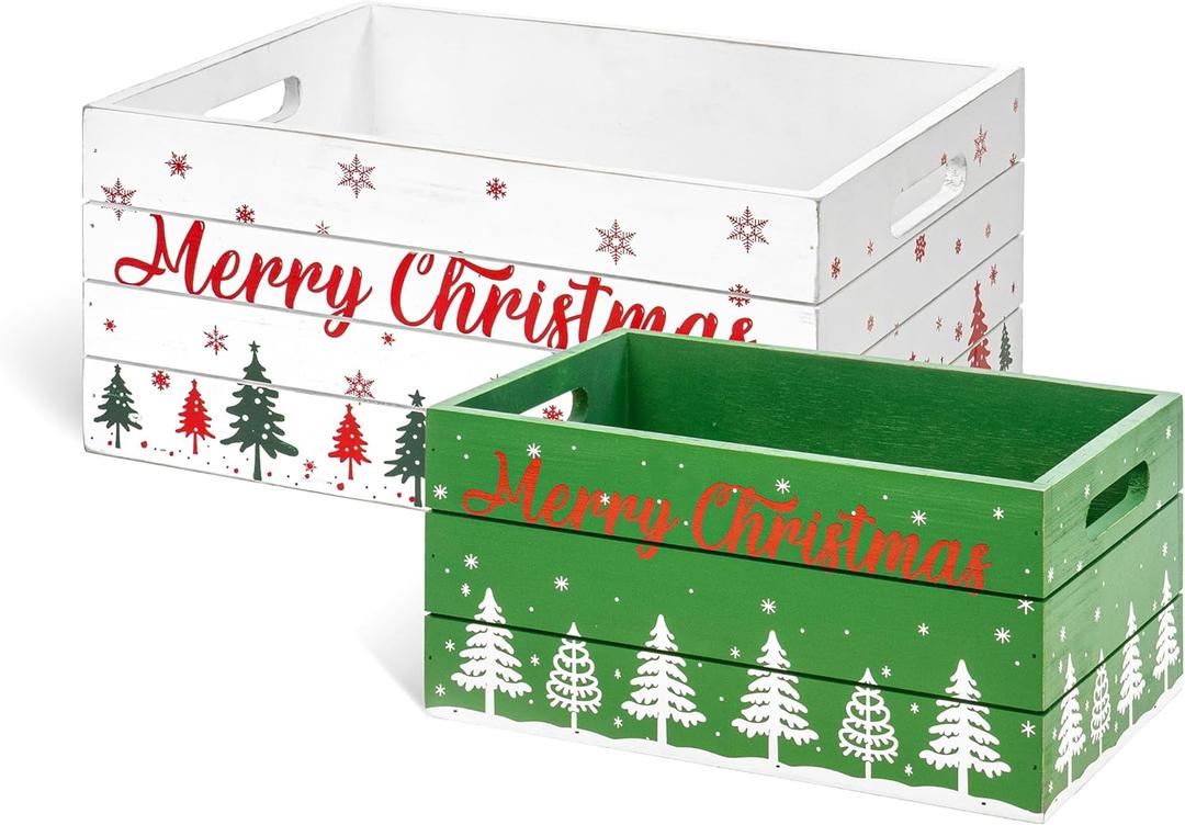 Red Co. Set of 2 White and Green Decorative Nesting Wooden Merry Christmas Storage Crate Organizers with Red Lettering