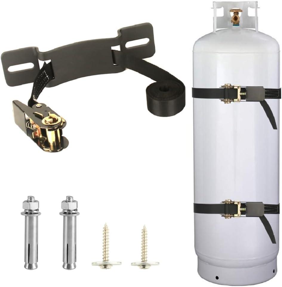 Propane Tank Holder Cylinder Wall Mounted Brackets, Ratchet Straps6.6ft , Steel Gas Cylinder Holder, Heavy Duty Gas Cylinder Holder Wall-Mounted Bracket (Black 1)