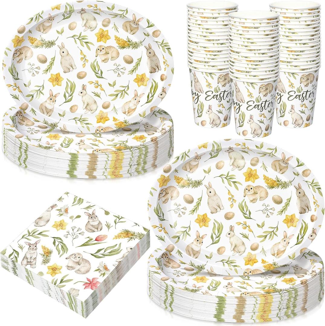 Vesici 150 Pcs Easter Bunny Oval Paper Plates and Napkin Set Bunny Tableware 10'' x 12'' Large Disposable Heavy Duty Rabbit Green Leaves Dessert Plates Cups Napkins for Spring Easter Party Supplies