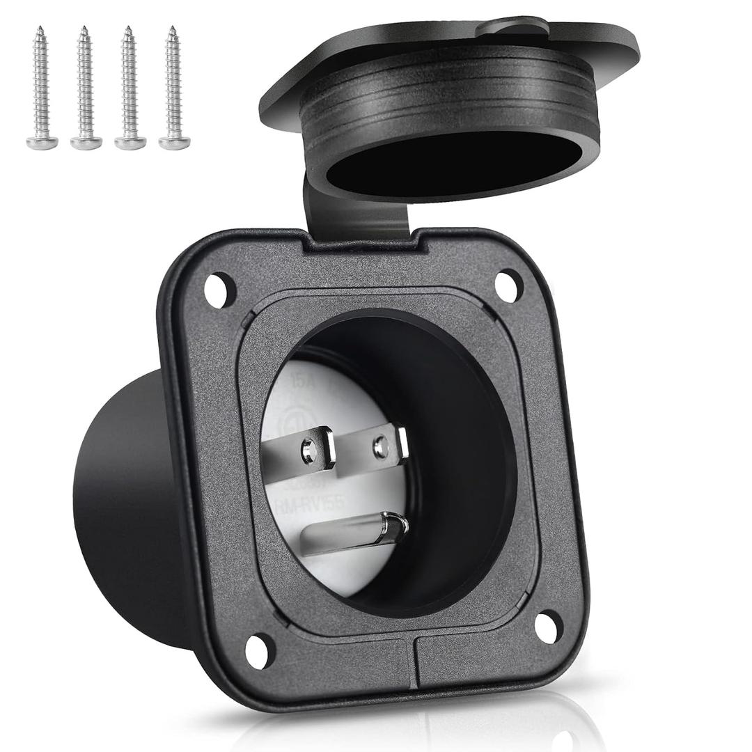 Flanged Inlet 15A AC Port Shore Power Plug with Waterproof Cover NEMA 5-15P Male Receptacle Flush Mount Outlet for RV Marine Boat Golf Cart Block Heater Bumper ETL Listed