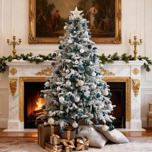 HipTree 7ft Snow Flocked Prelit Christmas Tree Decorations with 300 Dual-Color LED Lights, Lighted Artificial White Xmas Tree for Indoor Decor,Living Room with 1878 Tips, Metal Stand,Plug-in