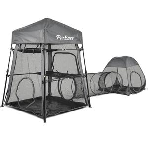 Catio Outdoor Cat Enclosure, 3-in-1 Extra Large Portable Cat Playpen with Tower Tent & Tunnel, Foldable Waterproof Mesh Catio for Indoor Outdoor Cats & Small Pets (Grey)