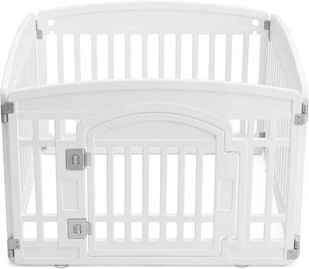 NEWBULIG Dog Playpen 24 Inch 4 Panels Plastic Pet Play Pen Fence | Portable, Secure Locking Door, Indoor Outdoor Yard RV Camping, Small Medium Dogs, White