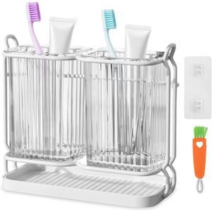Toothbrush Holders for Bathrooms, Toothbrush Holders with Drain Tray, Tooth Brushing Holder, Bathroom Organizers and Storage Caddy Countertop for Toothpaste, ToothbrushWhite