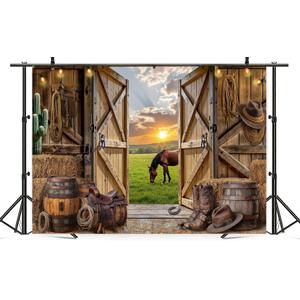 Newsely Western Cowboy Backdrop 7Wx5H Photography Wild West Rustic Wooden Western Party Decorations Farmhouse Horse Barn Door Vintage Country Birthday Background Banner Photo Booth Props Supplie