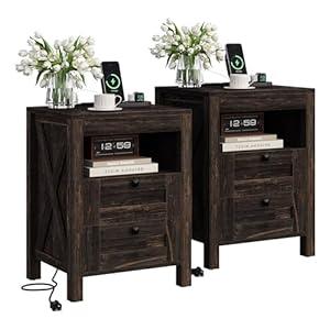 Luoxiao Nightstand Set of 2 with Charging Station, End Table, 18" Farmhouse Side Table with 2 Storage Drawers, Rustic Wooden Sofa Table, Bedside Cabinet for Living Room, Bedroom