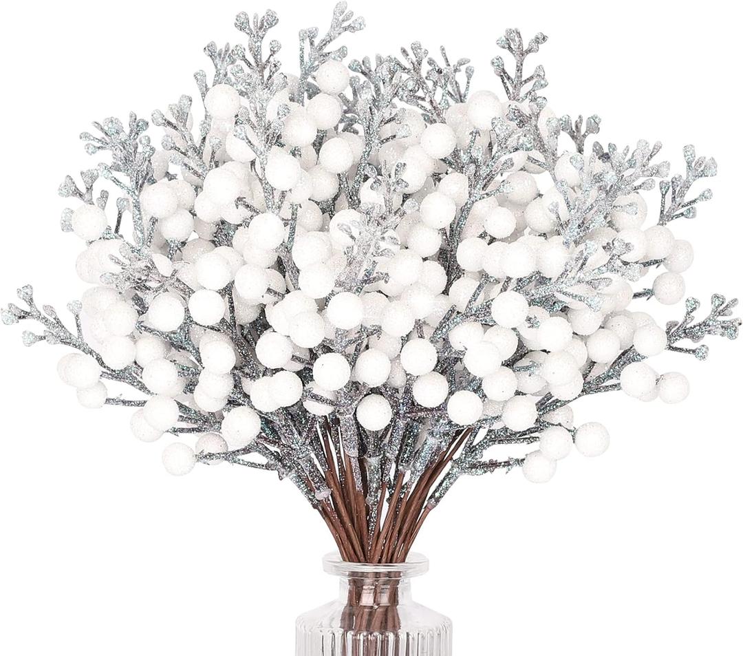 HOHOTIME 36Pcs Christmas Glitter Berries Stems, 9.5 Inch Artificial Christmas Tree Picks for Christmas Tree Decorations Ornaments DIY Crafts Vases Holiday Wedding Home Xmas Decor(White)