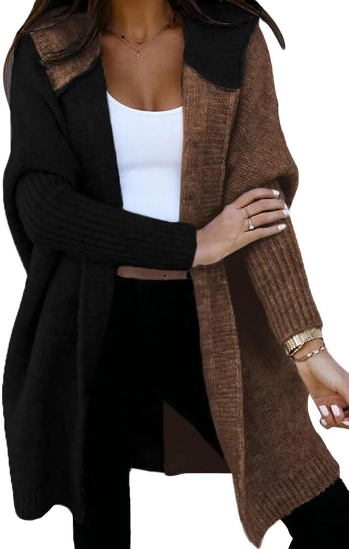Astylish Women 2026 Fall Outfits Open Front Long Sleeve Hooded Knit Cardigan Sweaters Color Block Outwear Coats (XXL)