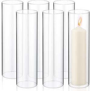 Yaomiao 6 Pcs Hurricane Glass Candle Holders Sleeve Open Ended Glass Bottomless Candle Cover Cylinder Hurricane Clear Chimney Shade Tube Cover for Baby Shower Wedding Party(3 x 10 Inch)