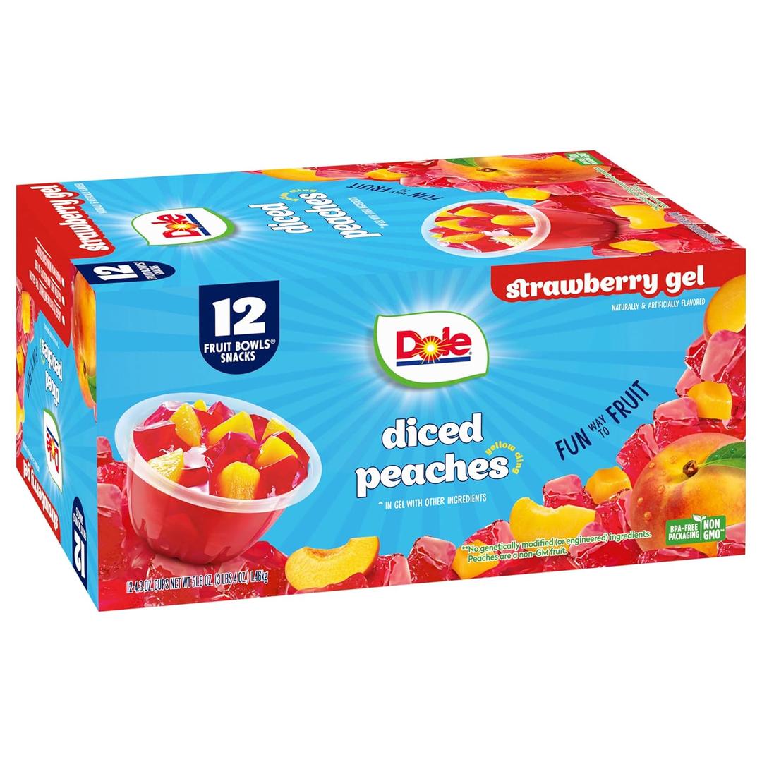 Dole Fruit Bowls Peaches in Strawberry Flavored Gel Snacks, 4.3oz 12 Total Cups, Gluten & Dairy Free, Bulk Lunch Snacks for Kids & Adults (EXP 09/26/26)