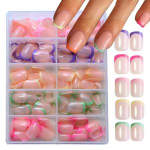 240Pcs French Tip Press On Nails Short Square Fake Nails Press Ons Set Full Cover Acrylic Glue on Nails Reusable Glossy Artificial Nail Kit False Nails for Women Girls Manicure 12 Color