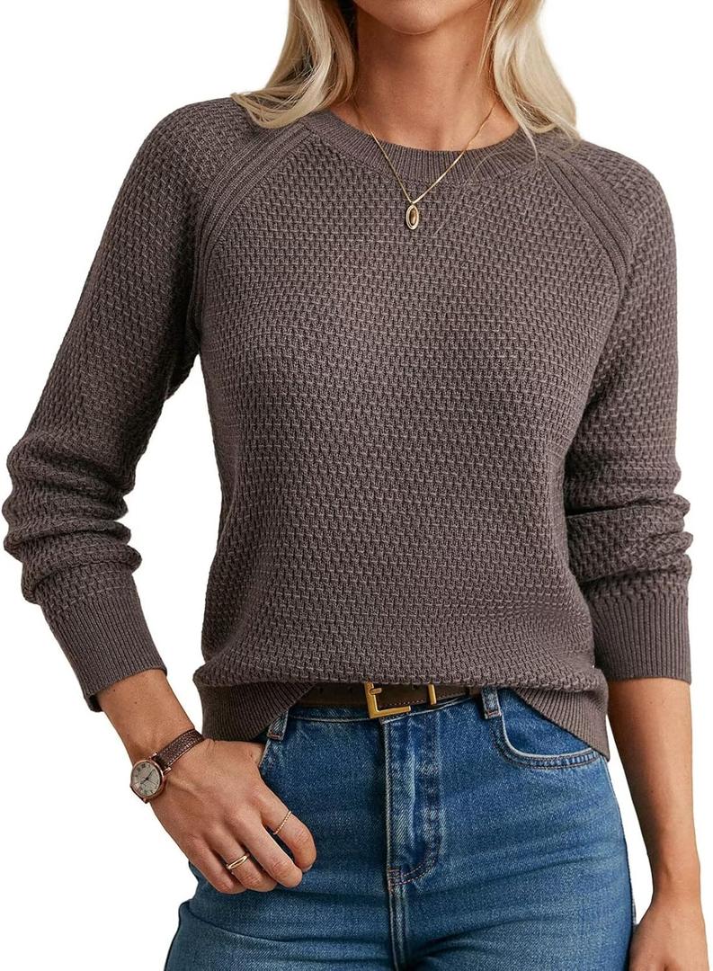 GRACE KARIN Women's Fall Knit Sweater Top, Long Sleeve Merino Wool Blend Pullover, Casual Crewneck Waffle Clothes 2025 (Brown, S)