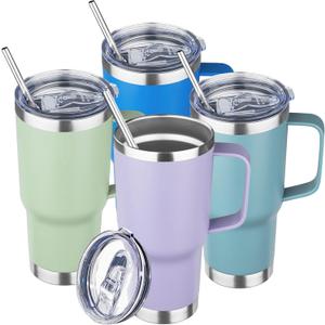 20 oz Tumbler with Handle Stainless Steel Insulated Coffee Mug Tumbler with Lid and Straw Double Wall Vacuum Insulated Coffee Mug Leak Proof Travel Mug Tumbler for Hot and Cold Drink (Mix Color-3) (Purple Tea Sea Azure)