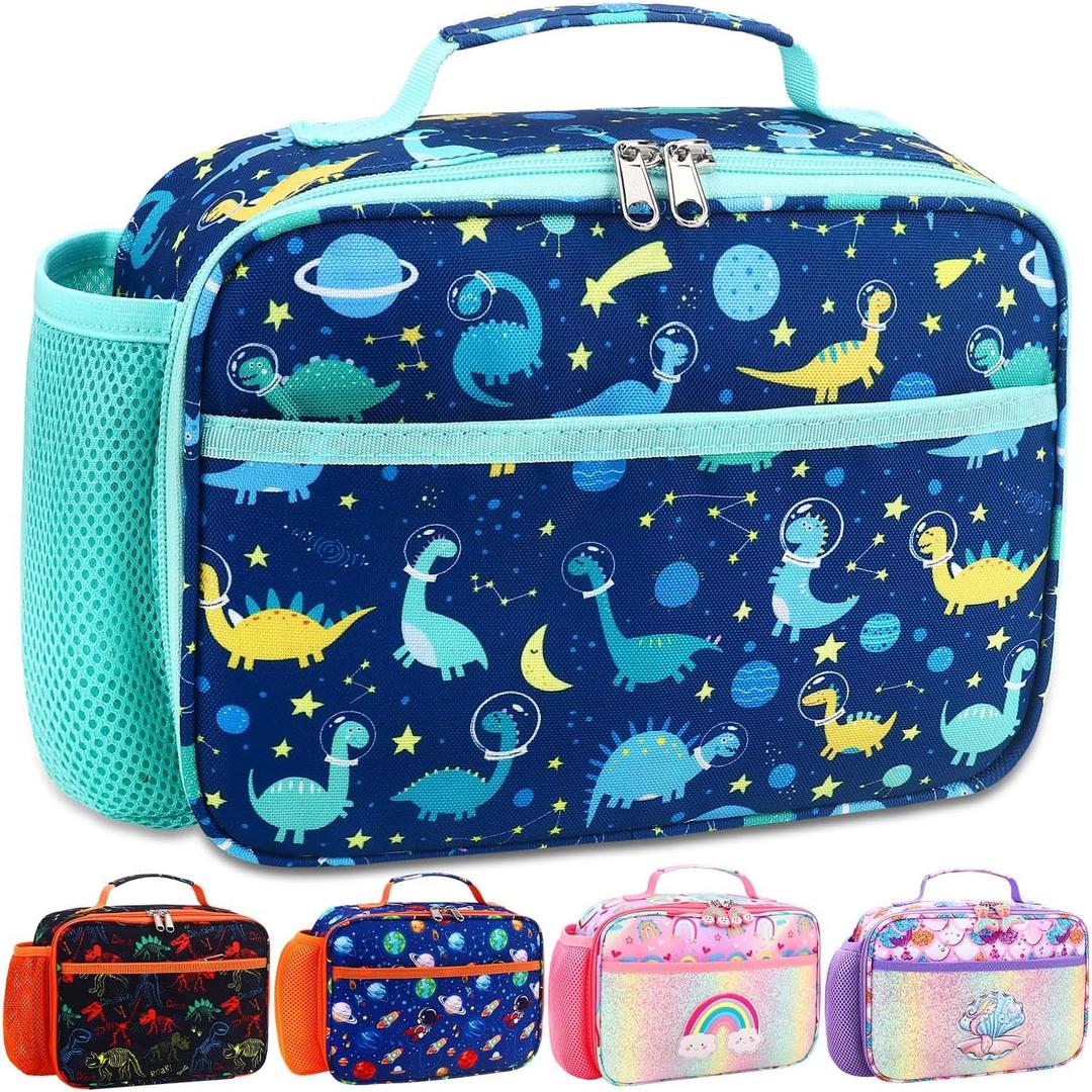 RHCPFOVR Kids Lunch Bag - Insulated Lunch Box for Boys Girls, Washable Lunch Bag and Reusable Toddler Leak-proof Lunchbox for School and Daycare (Deep Blue Dinosaur)